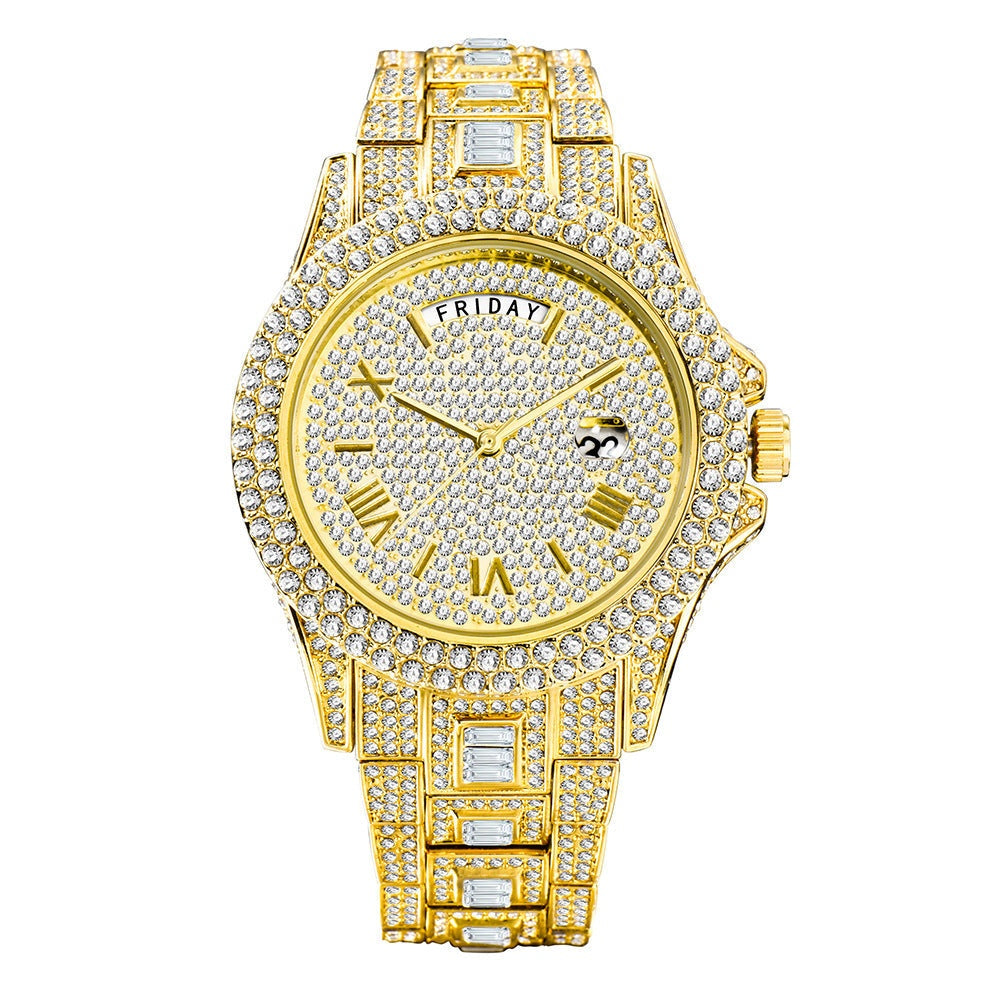 Full Diamond Luxury Quartz Watch in gold with diamond embellishments, high-quality quartz movement, and elegant design.