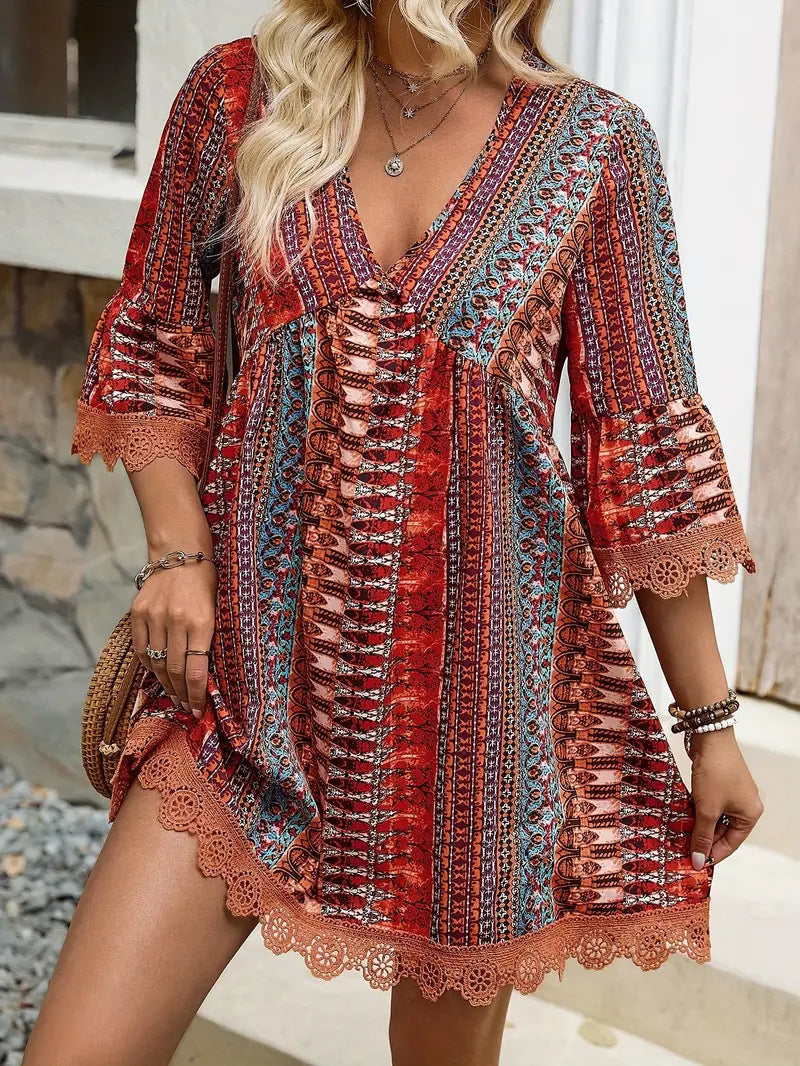 Bohemian Style V-neck Printed Casual Loose Dress - Swefashionstore