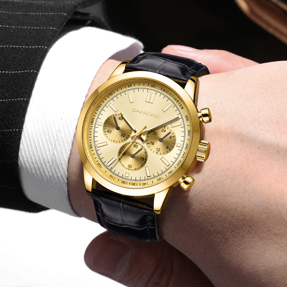 Multifunctional waterproof luminous watch with a golden dial and black strap.