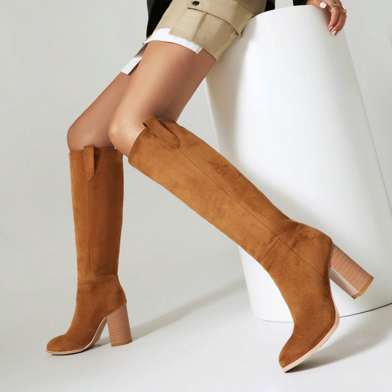 Long Boots Female Suede Chunky Heel Round Toe for Stylish Comfort - Swefashionstore