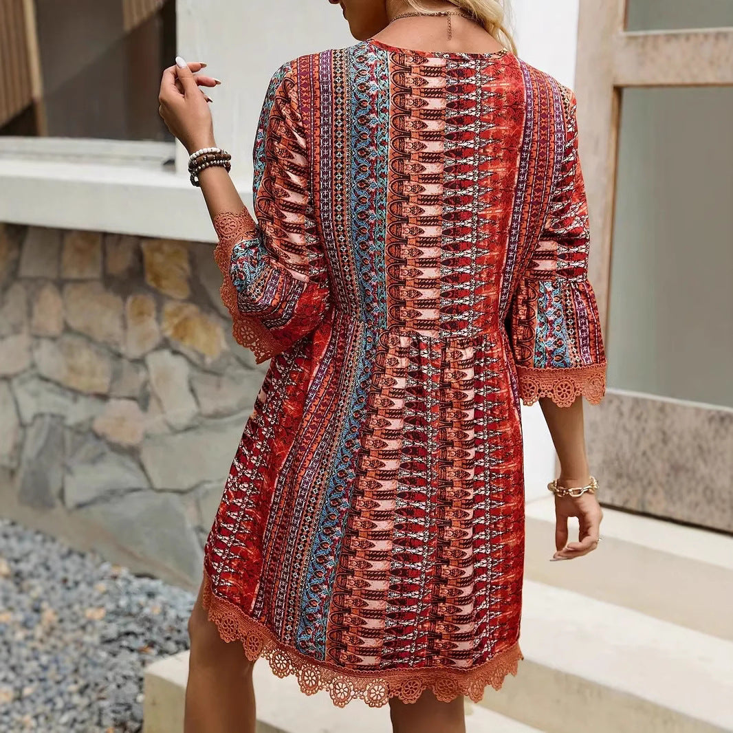 Bohemian Style V-neck Printed Casual Loose Dress - Swefashionstore