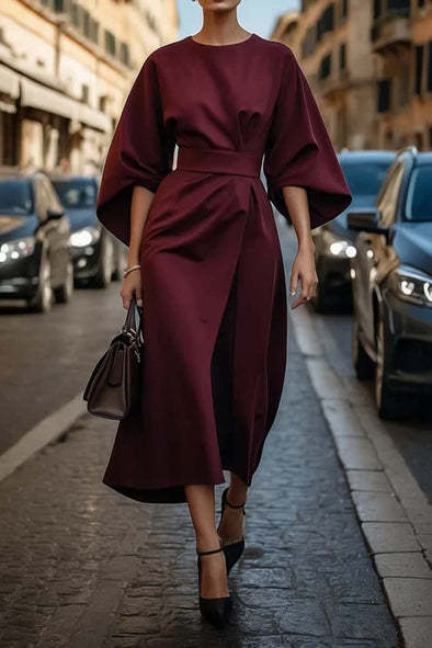 Loose batwing sleeve dress in street fashion style, burgundy color.
