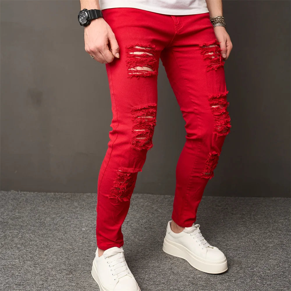 High-Street Herren HipHop Löcher Skinny Stretch Jeans