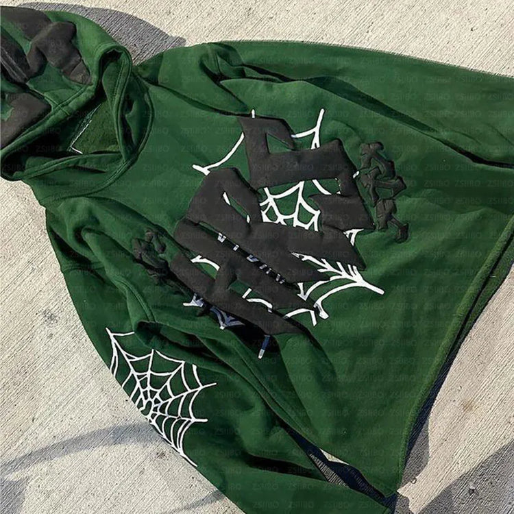 HIZILENT Hoodie Spider-Web Printed Streetwear Y2K - Swefashionstore