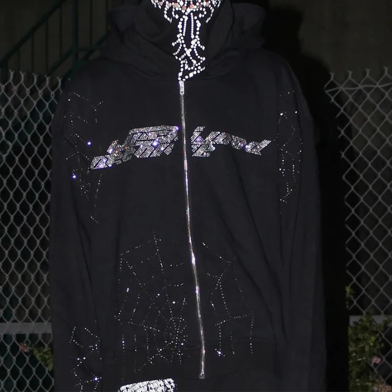 Zzsykd Strass-Kapuzenpullover mit durchgehendem Reißverschluss, Skelett-Gothic-Sweatshirt
