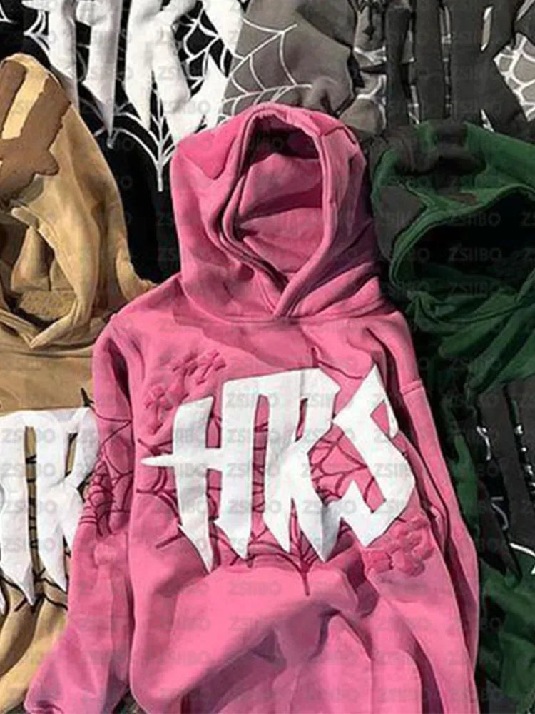 HIZILENT Hoodie Spider-Web Bedruckt Streetwear Y2K