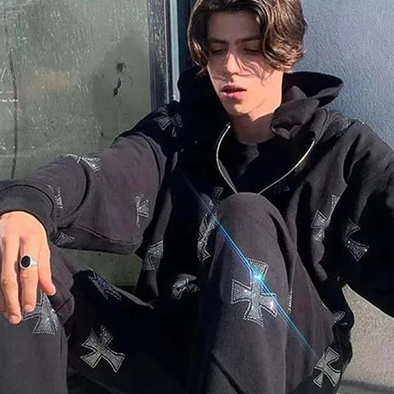 Zzsykd Strass-Kapuzenpullover mit durchgehendem Reißverschluss, Skelett-Gothic-Sweatshirt