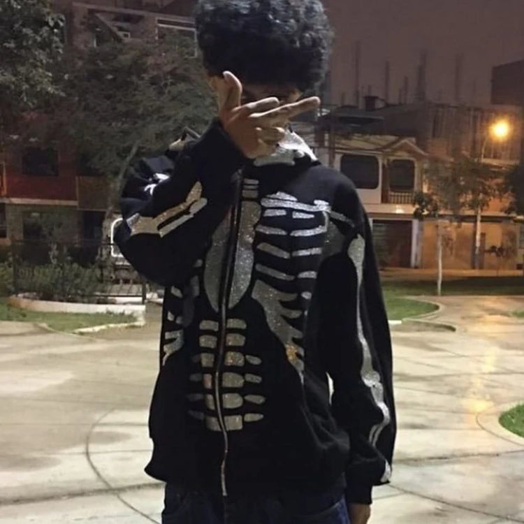 Zzsykd Rhinestone Full-Zip Hoodie Skeleton Goth Sweatshirt - Swefashionstore