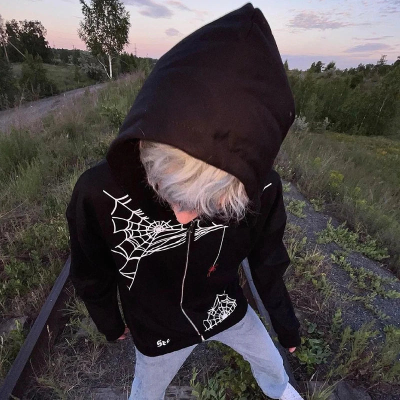 Zzsykd Strass-Kapuzenpullover mit durchgehendem Reißverschluss, Skelett-Gothic-Sweatshirt