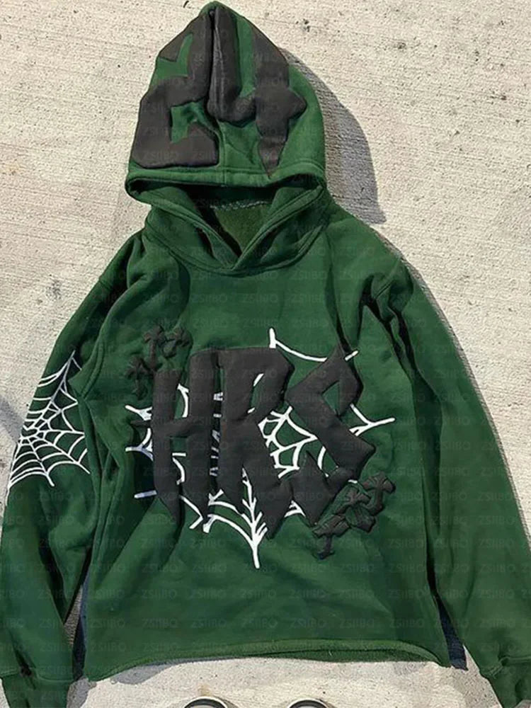 HIZILENT Hoodie Spider-Web Printed Streetwear Y2K - Swefashionstore