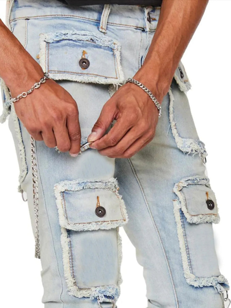 STRAIGHT Pants Mid Waist Denim PATCHWORK Zipper Fly Cargo Jeans - Swefashionstore