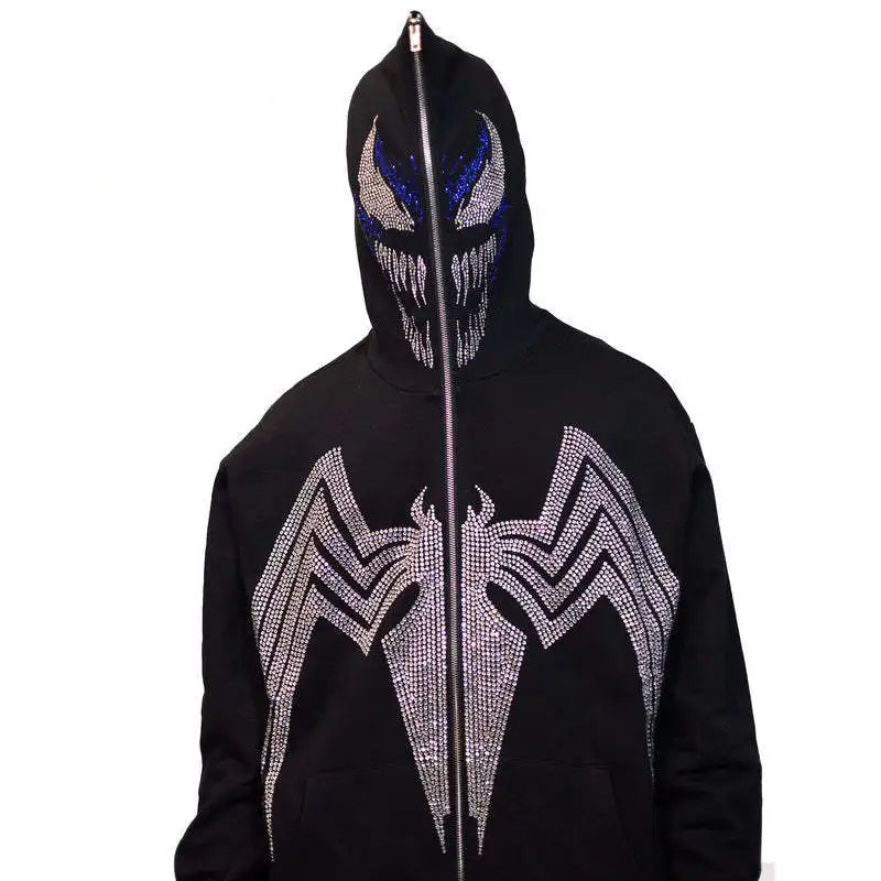 Zzsykd Strass-Kapuzenpullover mit durchgehendem Reißverschluss, Skelett-Gothic-Sweatshirt