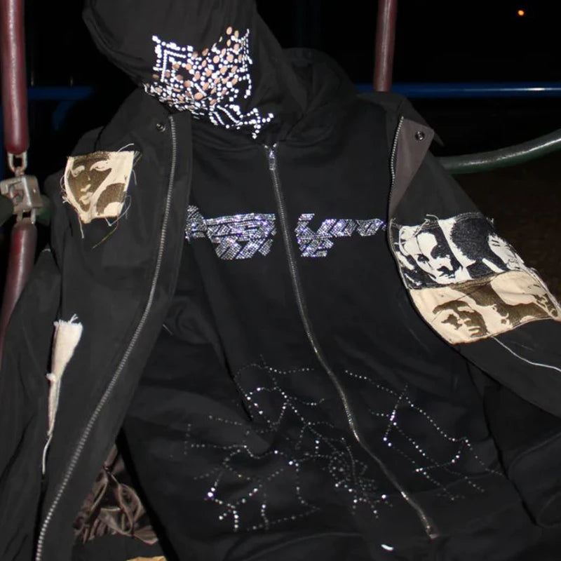 Zzsykd Strass-Kapuzenpullover mit durchgehendem Reißverschluss, Skelett-Gothic-Sweatshirt