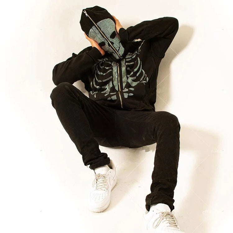 Zzsykd Rhinestone Full-Zip Hoodie Skeleton Goth Sweatshirt - Swefashionstore