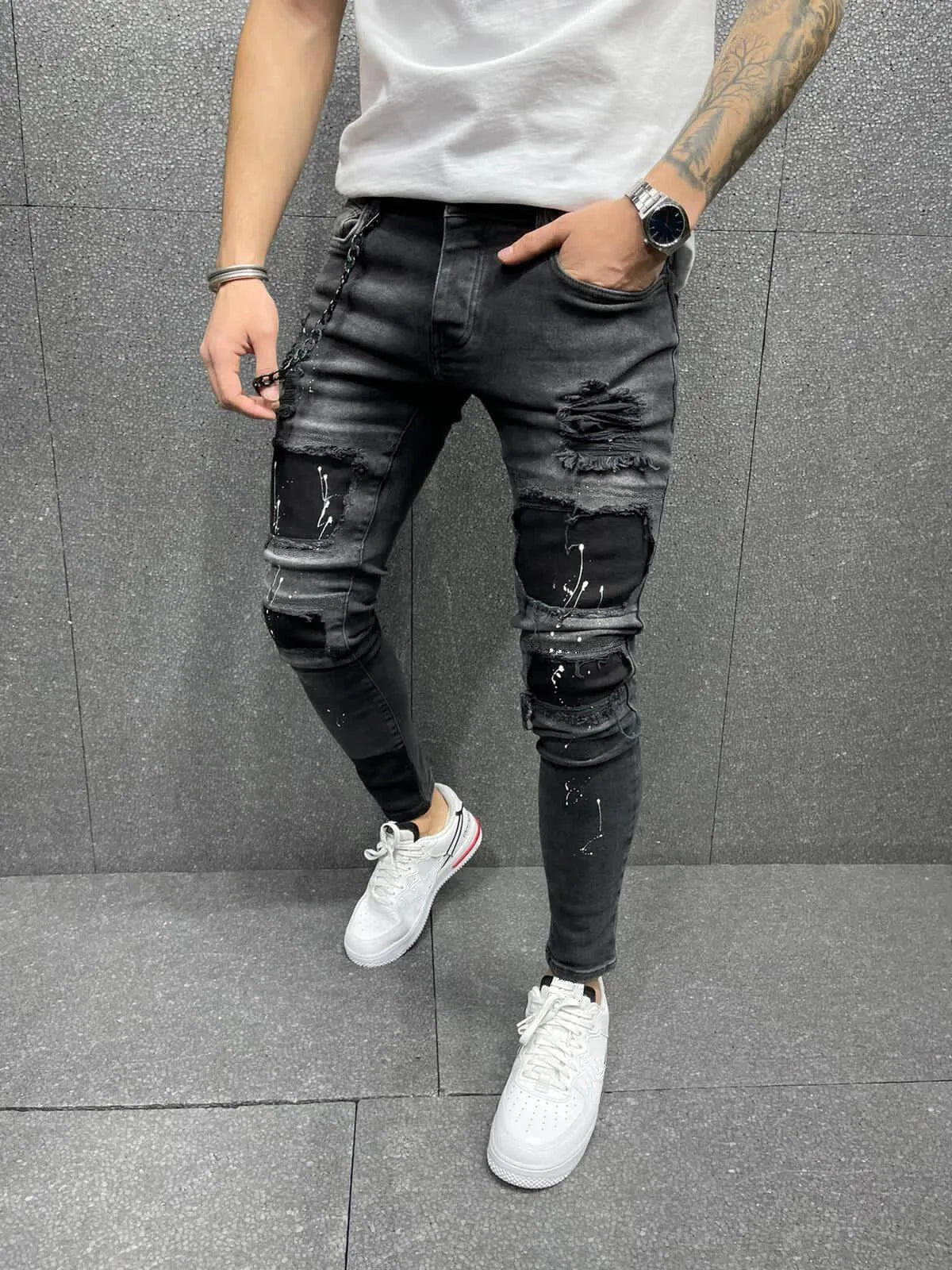 NEW Men Stretchy Ripped Skinny Elastic Jeans