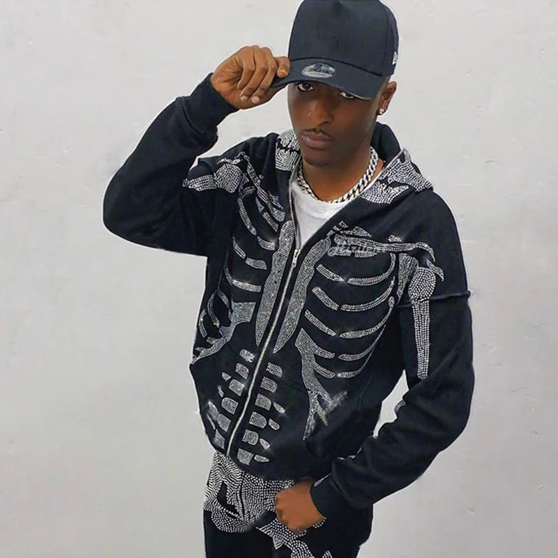 Zzsykd Strass-Kapuzenpullover mit durchgehendem Reißverschluss, Skelett-Gothic-Sweatshirt