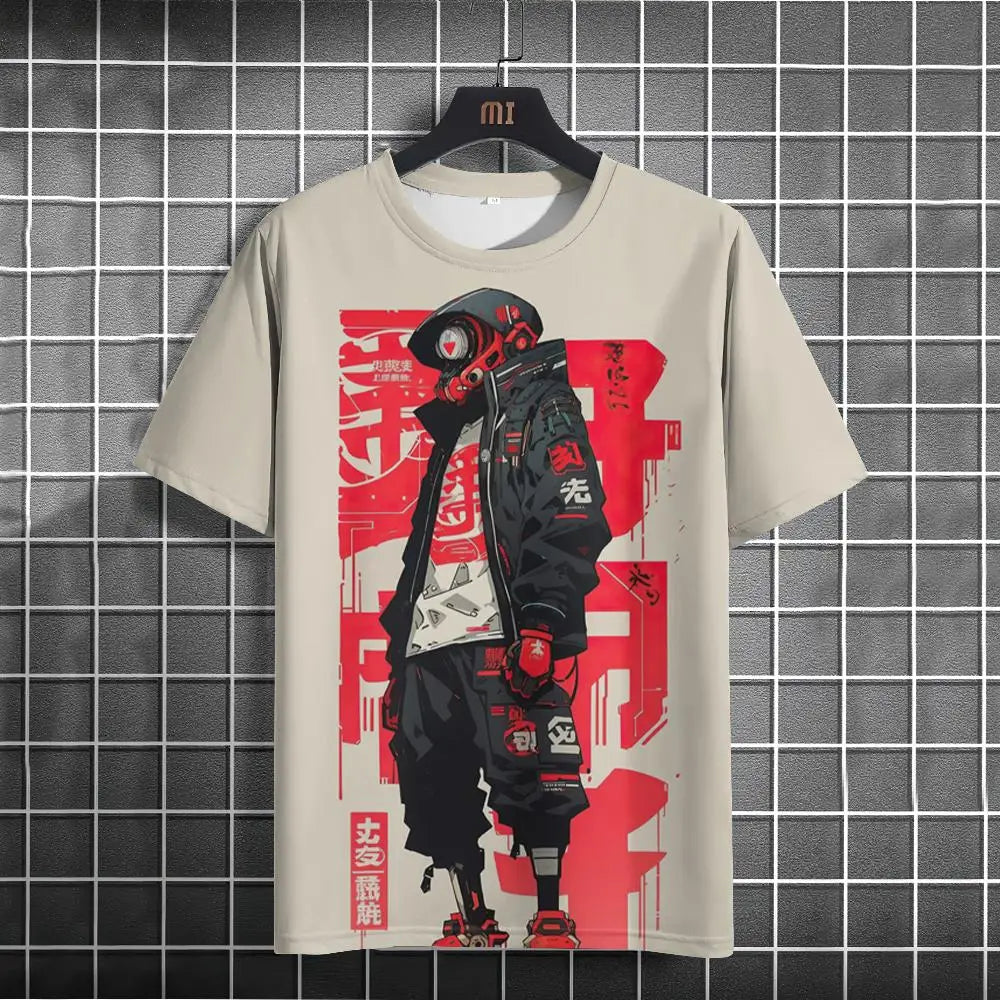 Japanese T-Shirt For Men Mechanical Character Graphic T Shirts Short Sleeve Printing Tees Outdoor Oversized Men&