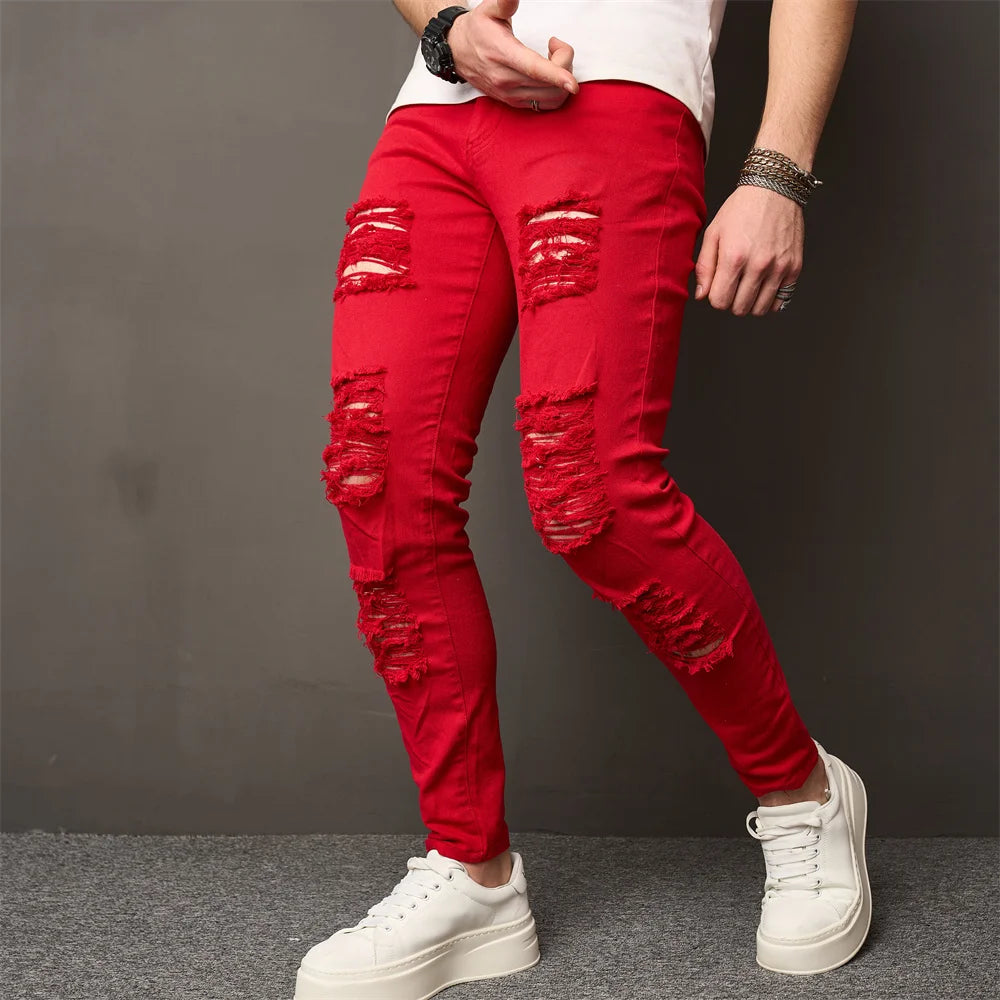 High-Street Herren HipHop Löcher Skinny Stretch Jeans