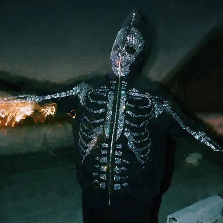 Zzsykd Rhinestone Full-Zip Hoodie Skeleton Goth Sweatshirt - Swefashionstore