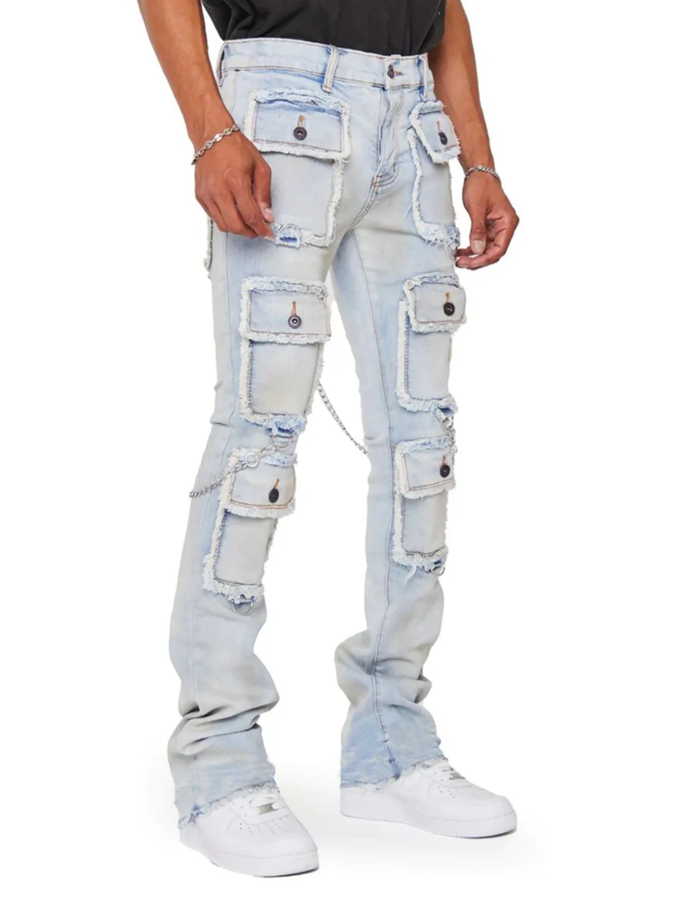 STRAIGHT Pants Mid Waist Denim PATCHWORK Zipper Fly Cargo Jeans - Swefashionstore