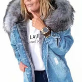 Women Denim Coat Thick Warm Hooded Fur Collar Single Breasted Full Sleeve - Swefashionstore