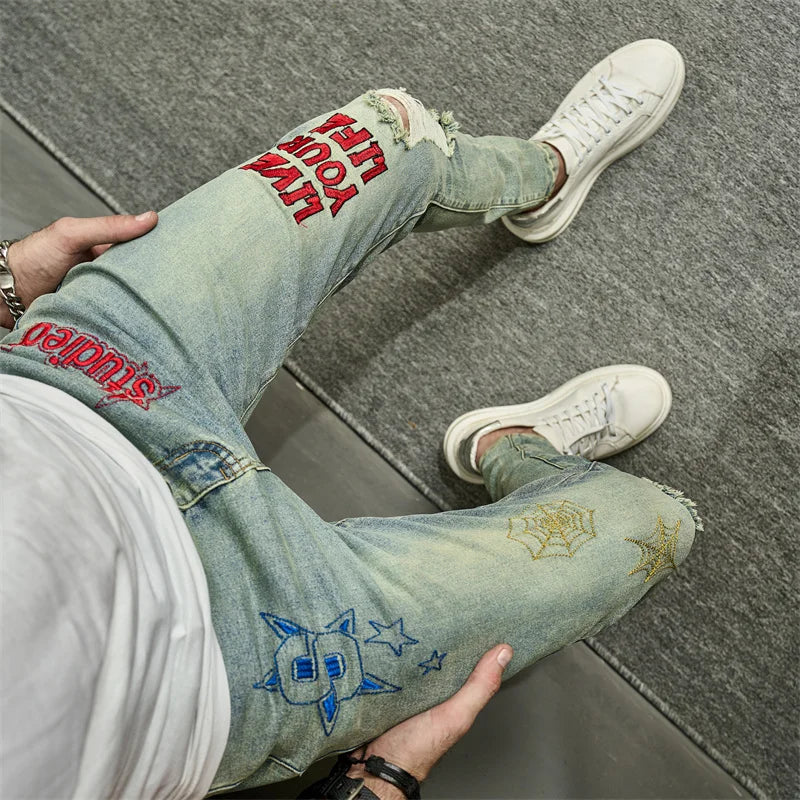 VINTAGE Stilvolle Stickerei RIPPED Hip hop Slim PENCIL Jeans