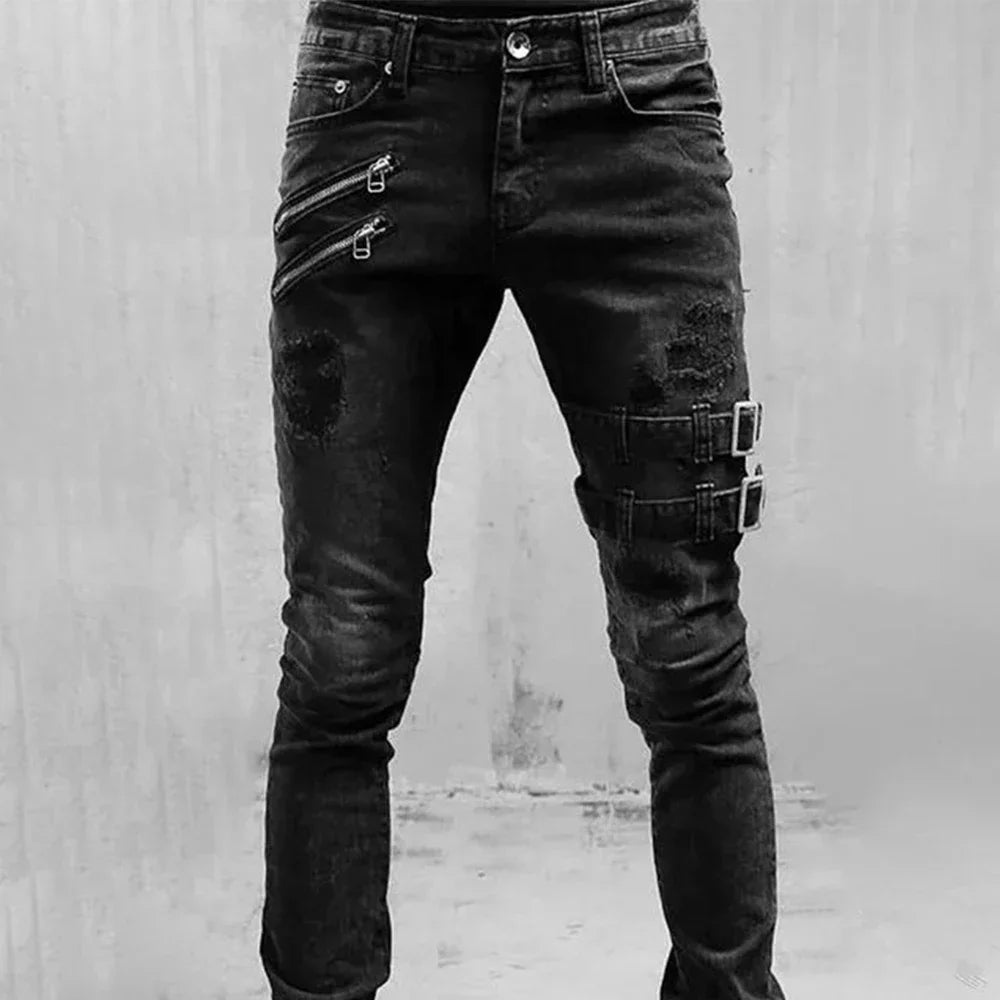 RETRO Moto Biker Straight Elastic Jeans Streetwear Y2K - Swefashionstore