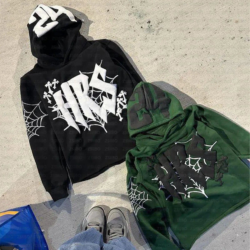 HIZILENT Hoodie Spider-Web Bedruckt Streetwear Y2K