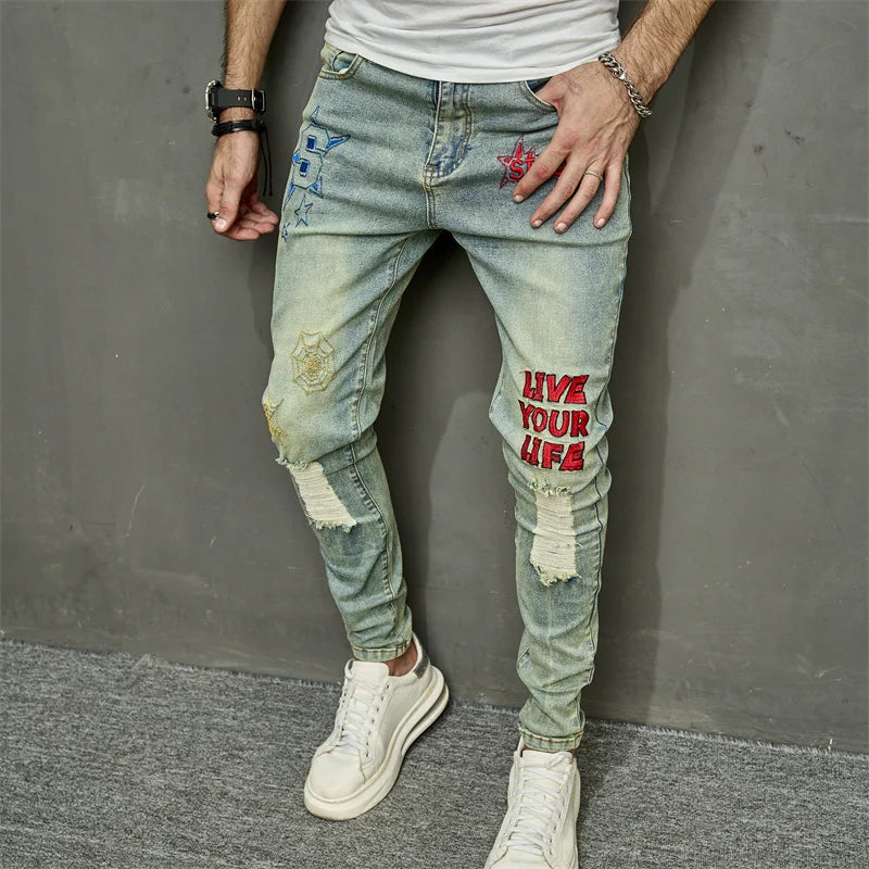 VINTAGE Stilvolle Stickerei RIPPED Hip hop Slim PENCIL Jeans