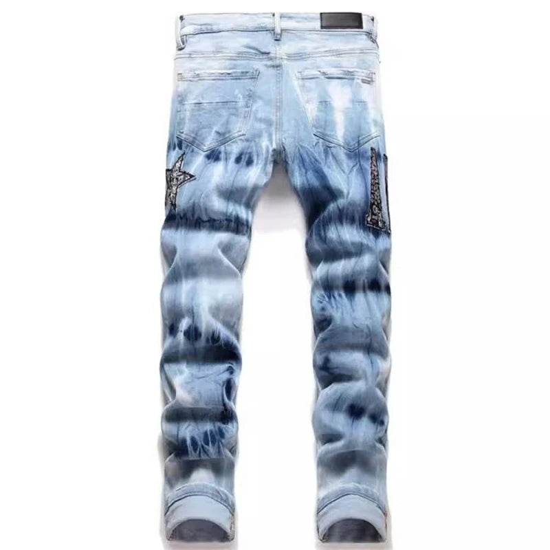 Y2K Stern Stickerei BROKEN Hole STRETCH Streetwear Jeans