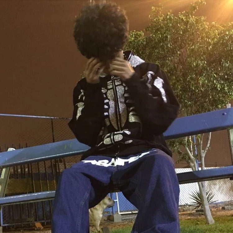 Zzsykd Rhinestone Full-Zip Hoodie Skeleton Goth Sweatshirt - Swefashionstore