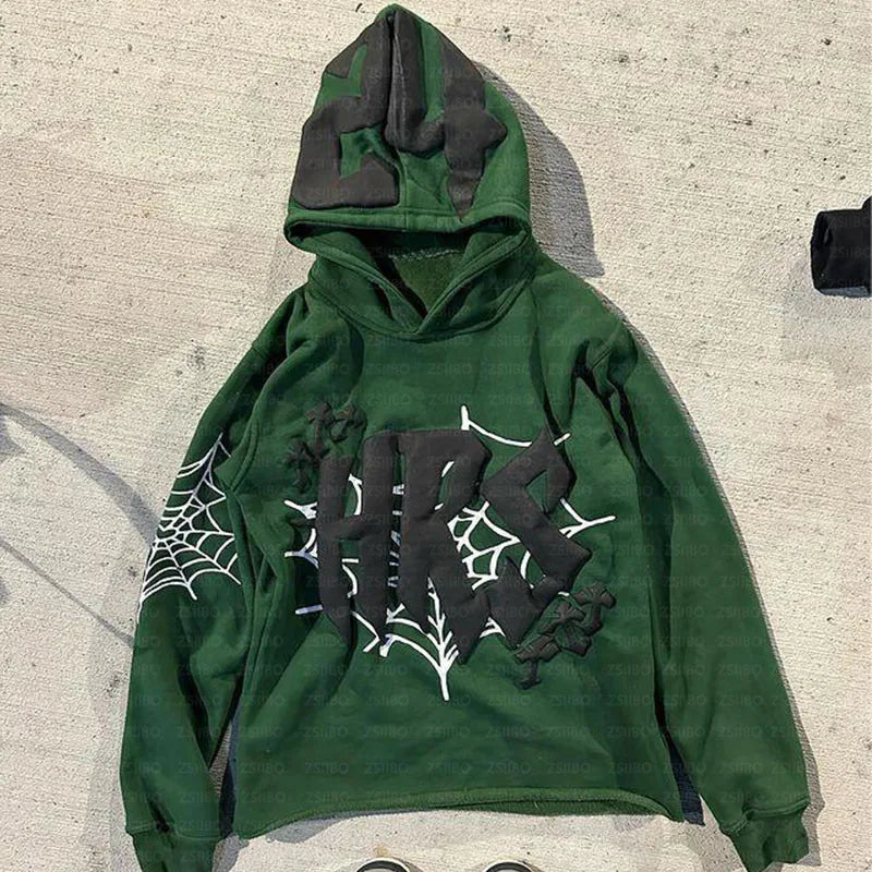 HIZILENT Hoodie Spider-Web Bedruckt Streetwear Y2K