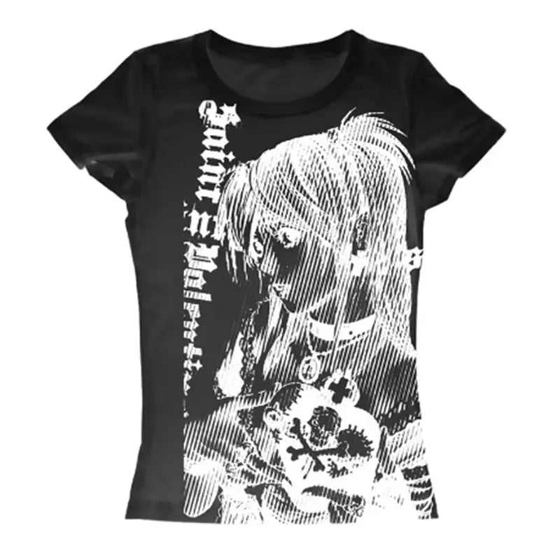 MOOYUFON Y2k ANIME Streetwear O-neck 90s Text Printing Tops - Swefashionstore