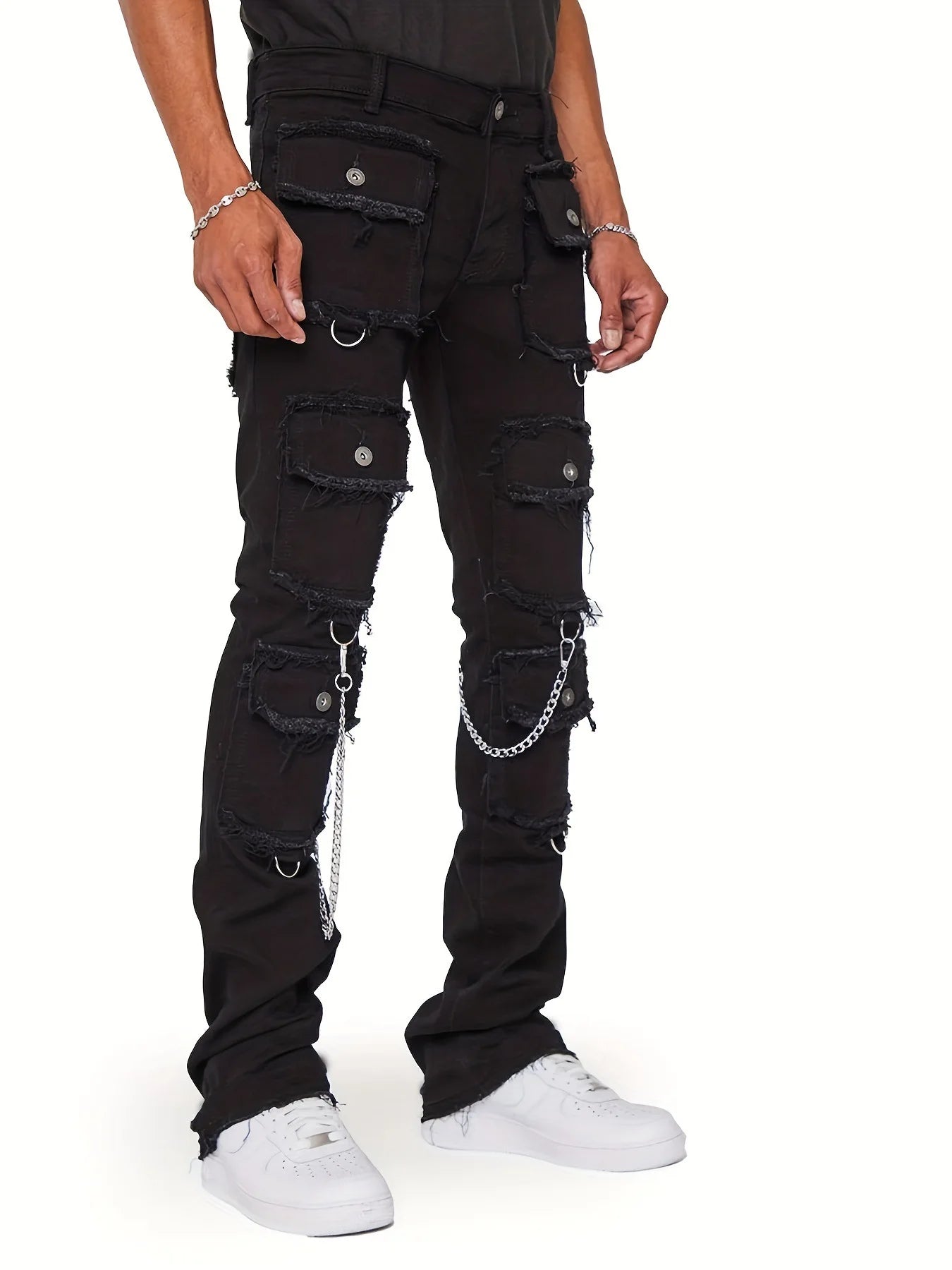 Gerade Hose Mid Waist Denim Patchwork Reißverschluss Cargo Jeans