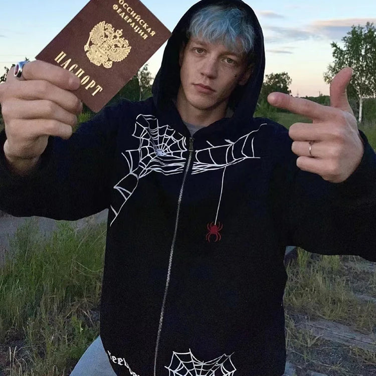 Zzsykd Rhinestone Full-Zip Hoodie Skeleton Goth Sweatshirt - Swefashionstore