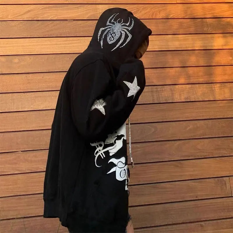 Zzsykd Strass-Kapuzenpullover mit durchgehendem Reißverschluss, Skelett-Gothic-Sweatshirt
