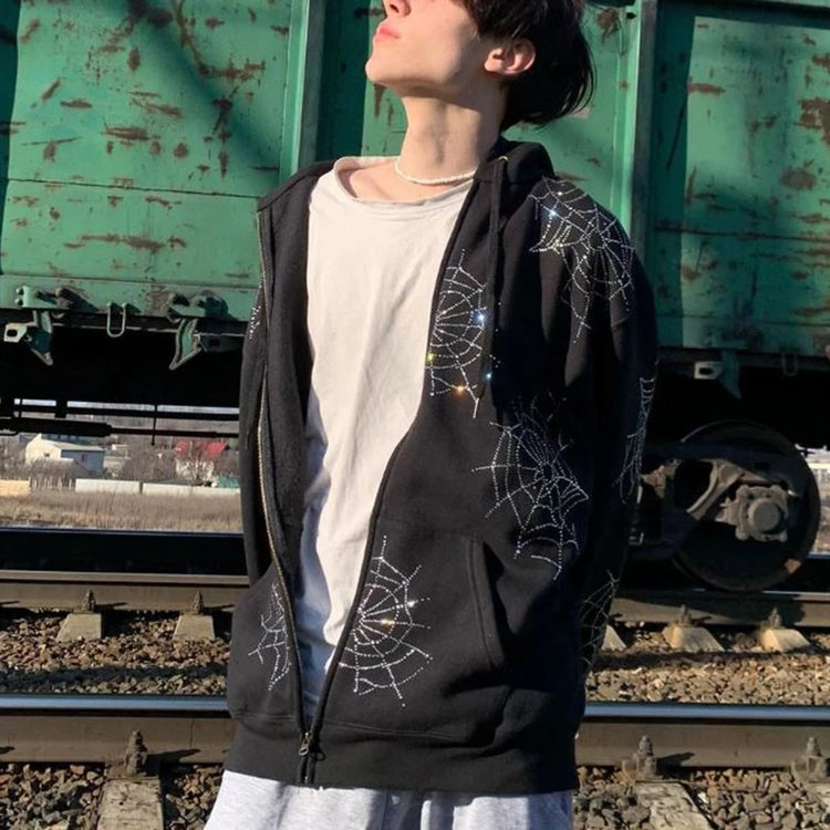 Zzsykd Rhinestone Full-Zip Hoodie Skeleton Goth Sweatshirt - Swefashionstore