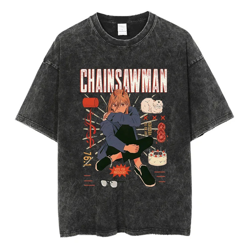 Short Sleeved Round Neck Y2k Tshirt Men New Top & Tees Mens T-Shirt Anime Chainsaw Man Acid Retro Vintage Washed Printed 62953 - Swefashionstore