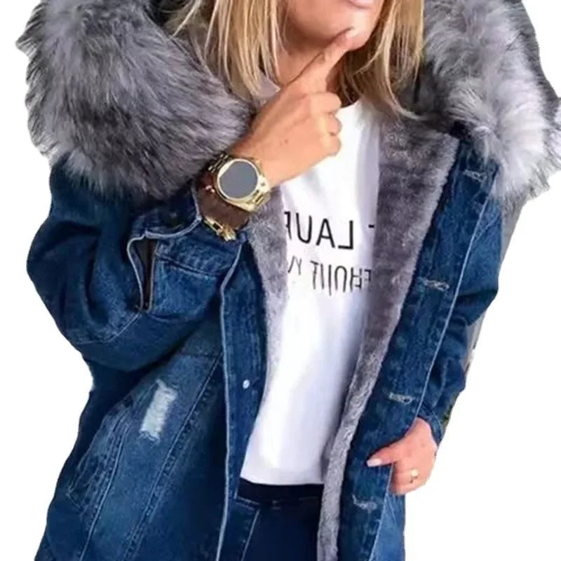 Women Denim Coat Thick Warm Hooded Fur Collar Single Breasted Full Sleeve - Swefashionstore