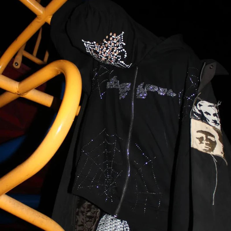 Zzsykd Strass-Kapuzenpullover mit durchgehendem Reißverschluss, Skelett-Gothic-Sweatshirt