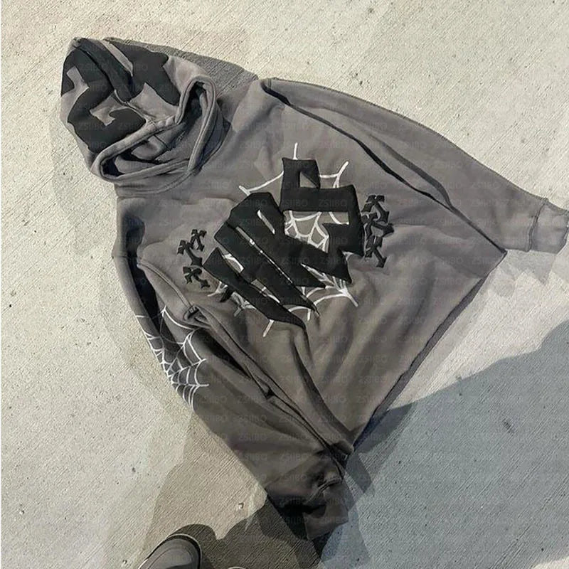 HIZILENT Hoodie Spider-Web Printed Streetwear Y2K - Swefashionstore