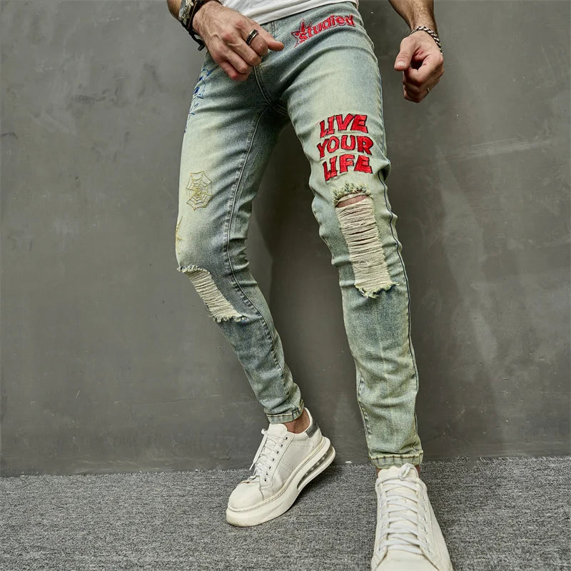 VINTAGE Stilvolle Stickerei RIPPED Hip hop Slim PENCIL Jeans