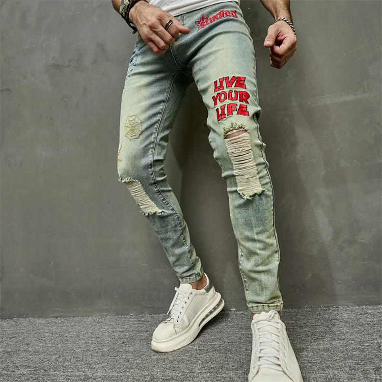 VINTAGE Stylish Embroidery RIPPED Hip hop Slim PENCIL Jeans - Swefashionstore