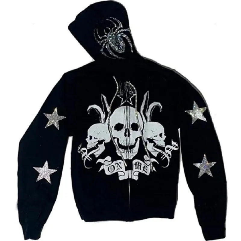 Zzsykd Strass-Kapuzenpullover mit durchgehendem Reißverschluss, Skelett-Gothic-Sweatshirt
