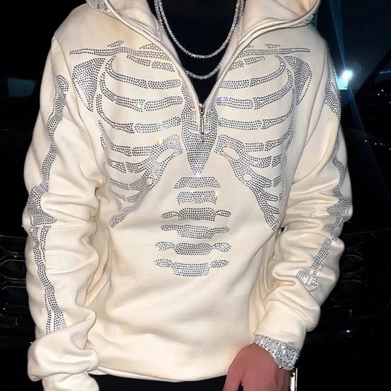 Zzsykd Strass-Kapuzenpullover mit durchgehendem Reißverschluss, Skelett-Gothic-Sweatshirt