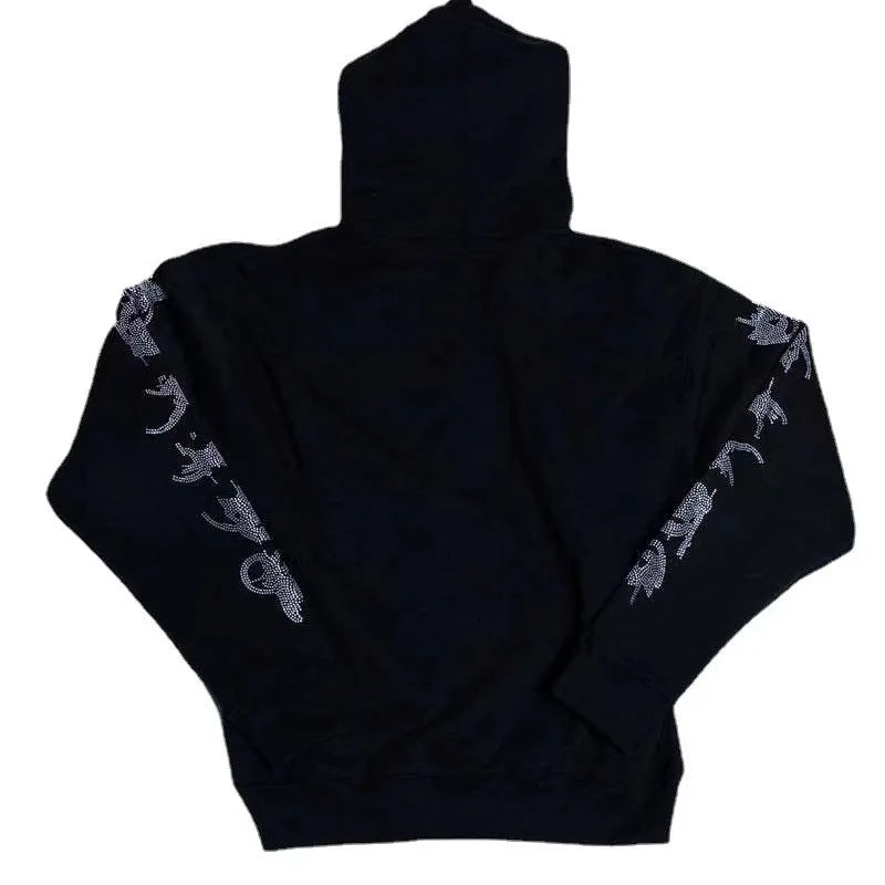 Zzsykd Strass-Kapuzenpullover mit durchgehendem Reißverschluss, Skelett-Gothic-Sweatshirt