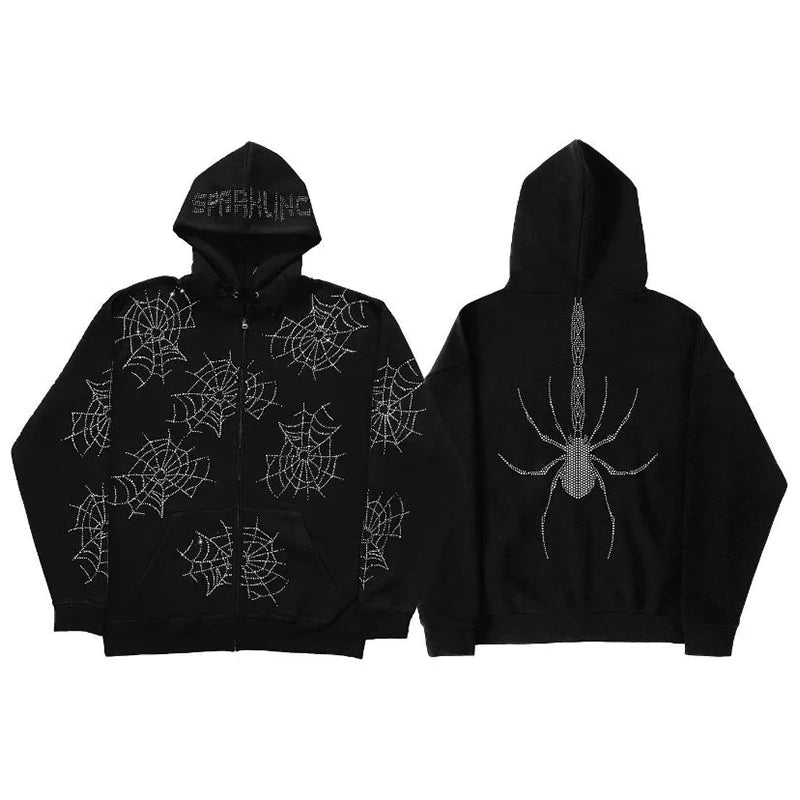 Zzsykd Strass-Kapuzenpullover mit durchgehendem Reißverschluss, Skelett-Gothic-Sweatshirt