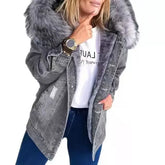 Women Denim Coat Thick Warm Hooded Fur Collar Single Breasted Full Sleeve - Swefashionstore