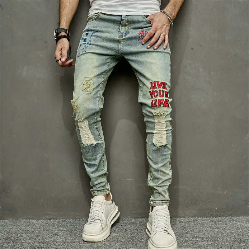 VINTAGE Stilvolle Stickerei RIPPED Hip hop Slim PENCIL Jeans