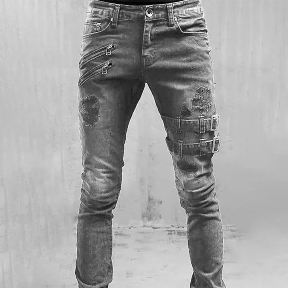 RETRO Moto Biker Straight Elastic Jeans Streetwear Y2K - Swefashionstore